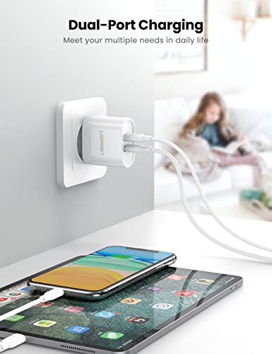 UGREEN 2 Cargador USB de pared 17W 5V 3.4A Cargador USB Enchufe para iPhone XS Max XR X 8 7 6 iPad Pro Mini teléfono inteligente Samsung S10 S9 S8 A50 A8 A6 J6 M20 Huawei P20 Lite Mate 20 Lite - Blanco