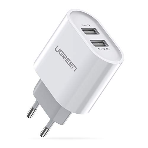 UGREEN 2 Cargador USB de pared 17W 5V 3.4A Cargador USB Enchufe para iPhone XS Max XR X 8 7 6 iPad Pro Mini teléfono inteligente Samsung S10 S9 S8 A50 A8 A6 J6 M20 Huawei P20 Lite Mate 20 Lite - Blanco