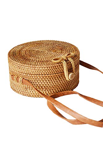 Ulisty Redondo Bolso de la Cesta de ratán Bolso de Paja de círculo Bolso Hecho a Mano Bolso de la Armadura Bolso Tejido a Mano Bolsa de Hombro Bolso Crossbody para Mujeres/niñas marrón