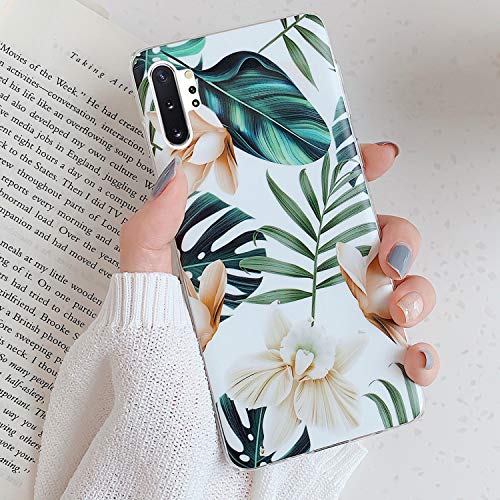 URFEDA - Carcasa para Samsung Galaxy Note 10 Plus, diseño de hojas, ultrafina, suave, TPU, silicona, resistente a los arañazos, diseño de flores, color blanco