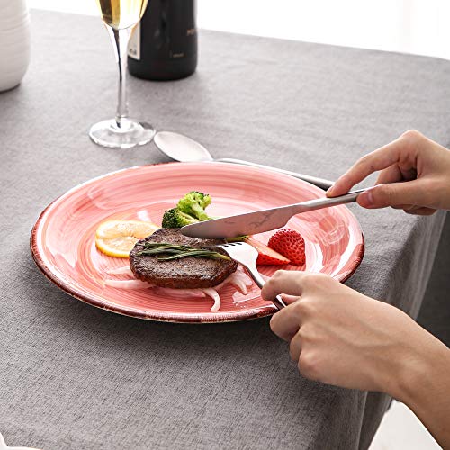 vancasso Serie Bella Juego de Platos Llanos 4pcs Platos de Cena Retro Bobina Pintado a Mano, Gres Esmaltada, Rosa