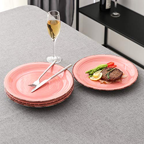 vancasso Serie Bella Juego de Platos Llanos 4pcs Platos de Cena Retro Bobina Pintado a Mano, Gres Esmaltada, Rosa