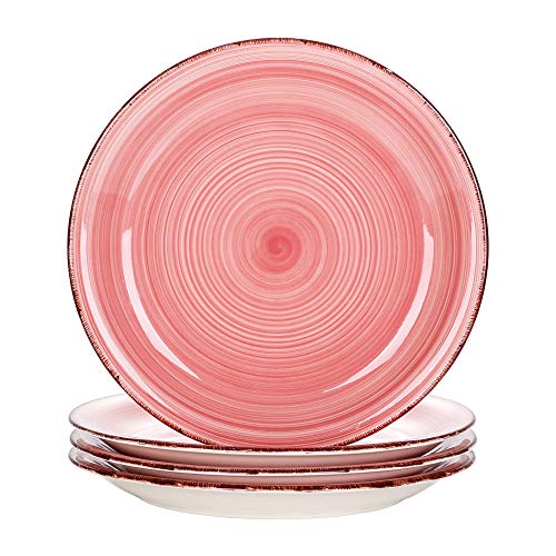 vancasso Serie Bella Juego de Platos Llanos 4pcs Platos de Cena Retro Bobina Pintado a Mano, Gres Esmaltada, Rosa