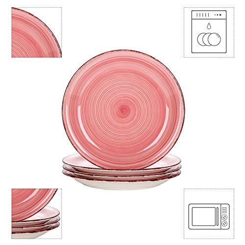 vancasso Serie Bella Juego de Platos Llanos 4pcs Platos de Cena Retro Bobina Pintado a Mano, Gres Esmaltada, Rosa