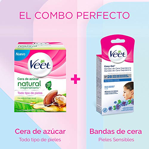 Veet Bandas de Cera Fria Depilatoria para Depilación Facial con Aceite de Almendras y Aroma de Aciano, Easy Gelwax, Pieles Sensibles, 40 Bandas