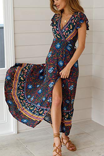 Vestido Mujer Bohemio Largo Verano Playa Fiesta Floral Manga Corta Cuello en V Talla Split Wrap Maxi Vestidos 1 S