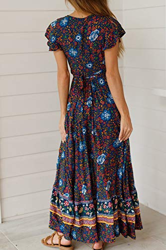 Vestido Mujer Bohemio Largo Verano Playa Fiesta Floral Manga Corta Cuello en V Talla Split Wrap Maxi Vestidos 1 S