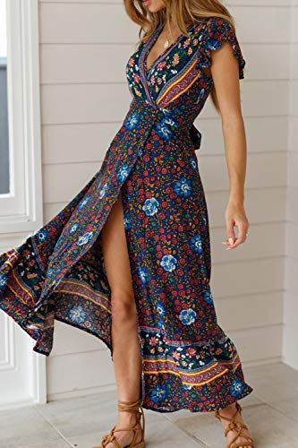 Vestido Mujer Bohemio Largo Verano Playa Fiesta Floral Manga Corta Cuello en V Talla Split Wrap Maxi Vestidos 1 S