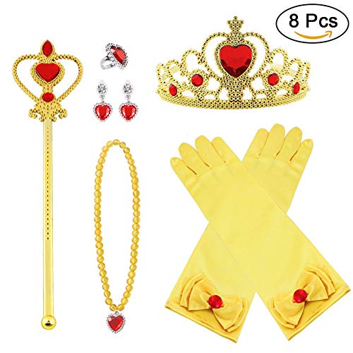 Vicloon Princesa Vestir Accesorios 8 Pcs Regalo Conjunto de Belleza Corona Anillo Sceptre Collar Pendientes Guantes para Niña (Amarillo)