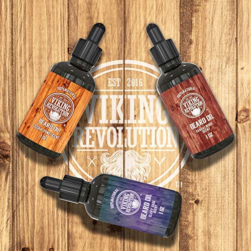 Viking Revolution Toda la variedad natural del aceite acondicionador para la barba y bigote, en un paquete de 3 aromas. Sándalo, Pino y Cedro, Salvia. Acondiciona y humecta.