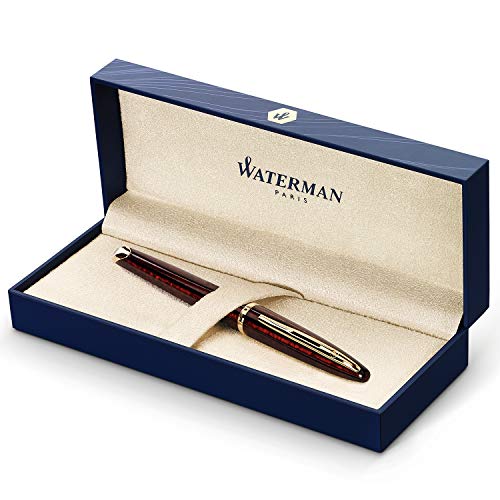 Waterman Carène Marine Amber Füllfederhalter (hochglänzend Braun und Schwarz mit Clip aus 23-karätigem Gold, Federstärke F, blaue Tinte, Geschenkbox)