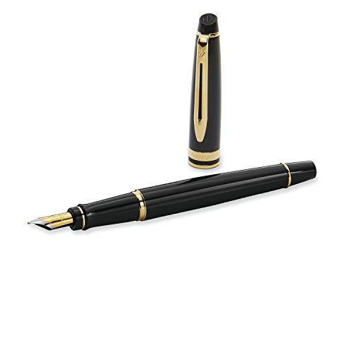 Waterman Expert pluma estilográfica, brillante con adorno de oro de 23 quilates, plumín mediano con cartucho de tinta azul, estuche de regalo, color negro