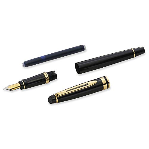 Waterman Expert pluma estilográfica, brillante con adorno de oro de 23 quilates, plumín mediano con cartucho de tinta azul, estuche de regalo, color negro