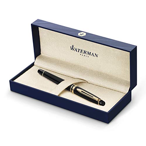 Waterman Expert pluma estilográfica, brillante con adorno de oro de 23 quilates, plumín mediano con cartucho de tinta azul, estuche de regalo, color negro