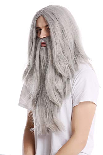 WIG ME UP- PW0210-ZA68E Peluca Lisa Larga & Barba Carnaval Color Gris Mago profeta Motero Mayor