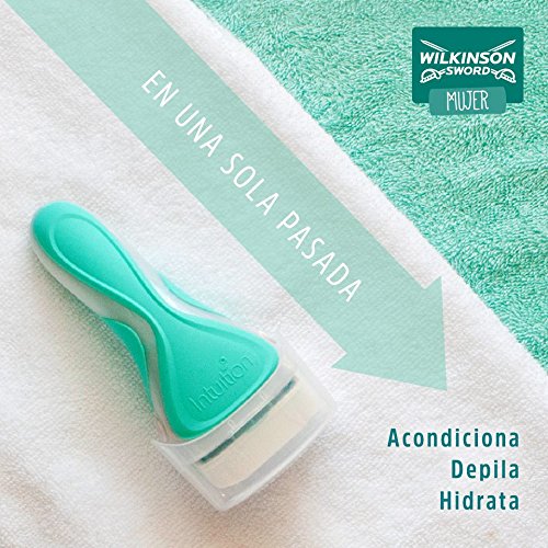 Wilkinson Sword Pack Intuition Sensitive Care - Maquinilla depilatoria y enjabonadora femenina Intuition + 3 cuchillas autoadaptables con cintas de seda hidratantes