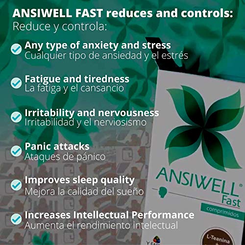 Yfarma ANSIWELL FAST Pastillas Ansiedad Estres Nervios Irritabilidad Cansancio Ansiedad Comida Dejar de Fumar, Ansioliticos Naturales de ACCION RAPIDA COMBATEN ANSIEDAD - con L Teanina, 30 Capsulas