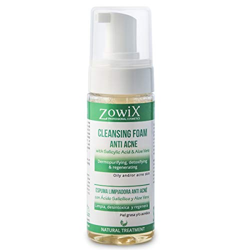 ZOWIX Antiacne en Espuma Limpiadora. Foam purificante suave contra el acne facial. Limpia, desintoxica y ayuda a eliminar espinillas, puntos negros y granos. 150 ml.