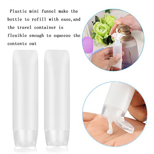 10 pcs de transparente  envase de loción exprimible MEZOOM de botellas PE plastico de contenedor viaje con dos embudos y una etiqueta en equipaje o bolso