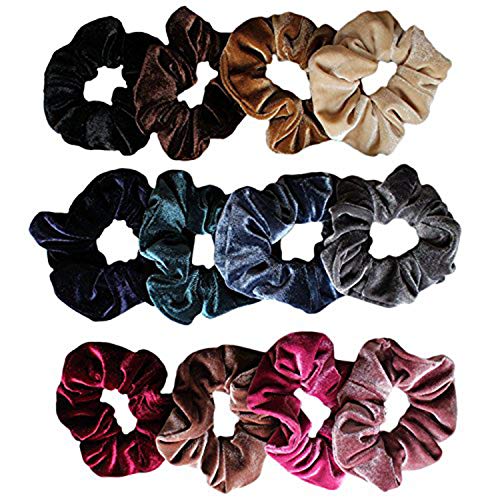 12 piezas Diademas - Colorful Velvet Hair Scrunchies - Bandas de Bobble de cabello grueso - Banda elástica de cabello para mujeres - Cintas para el cabello en marrón, gris, azules, beige, rosa oscuro, rojo rosa y negro