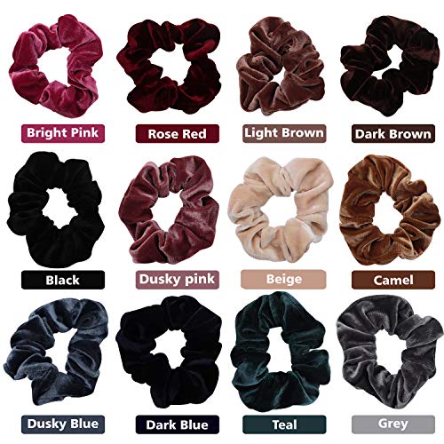 12 piezas Diademas - Colorful Velvet Hair Scrunchies - Bandas de Bobble de cabello grueso - Banda elástica de cabello para mujeres - Cintas para el cabello en marrón, gris, azules, beige, rosa oscuro, rojo rosa y negro