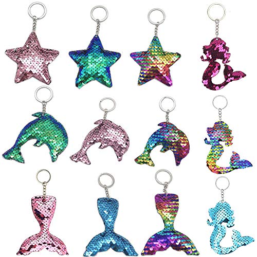 12 Piezas Llavero de Sirena,Llavero de Lentejuelas Flip, Llavero de Sirena Lentejuelas, Caras Reversibles en Forma de Sirena Estrella Delfín, Accesorios Decoración,Fiestas Cumpleaños de Niños