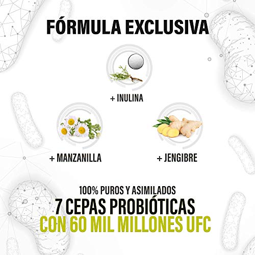 20 Cepas Probióticas Únicas con 60 mil millones UFC + Inulina + Manzanilla + Jengibre | Protege y Mejora la Flora Intestinal | Aumenta tus Defensas | Optimiza tu Organismo | 90 cápsulas naturales.