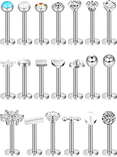 20 Piezas Perno de de Acero Inoxidable 16G Joyería de Piercing de Cartílago Labios para Mujeres Chicas (Plateado)