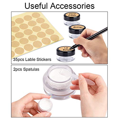 30 Piezas Tarros de Plástico, Contenedores Cosmético de Viaje Envases de Vacío Transparente con Mini espátulas y Etiquetas Adhesivas para Cosmética Crema Muestra, Polvo, Decoración Uñas, 5g 5ml Negro