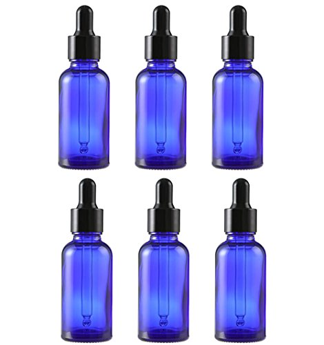 6PCS azul vidrio del aceite esencial Frascos botella frasco cuentagotas con tapa negra maquillaje frasco cosmético envase de contenedores para aromaterapia perfume (30ml/1oz)