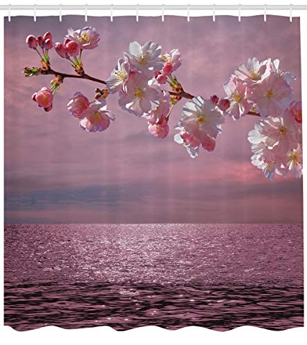 ABAKUHAUS Rosa Cortina de Baño, Panorama Balinés Olas Cielo Agua Amor al Amanecer Flores Tallos Orquídeas Pimpollos, Material Resistente al Agua Durable Estampa Digital, 175 x 200 cm, Púrpura