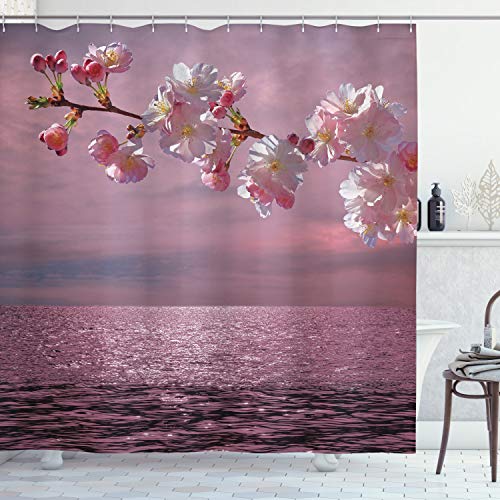 ABAKUHAUS Rosa Cortina de Baño, Panorama Balinés Olas Cielo Agua Amor al Amanecer Flores Tallos Orquídeas Pimpollos, Material Resistente al Agua Durable Estampa Digital, 175 x 200 cm, Púrpura