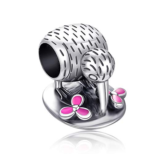 Abalorio de pájaro Kiwi con flor esmaltada rosa de plata de ley 925 para pulseras europeas