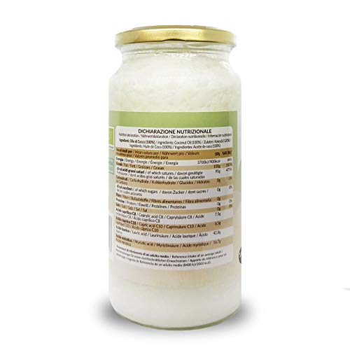 Aceite de Coco Ecológico Extra Virgen 1000 ml. Crudo y prensado en frío. 100% Orgánico, Puro y Natural. Aceite bio nativo no refinado. País de origen Sri Lanka. NaturaleBio