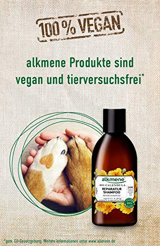 alkmene champú reparador de con caléndula orgánica - champú para cabello seco y dañado - champú vegano sin silicona, parabenos, aceite mineral, SLS y SLES - cuidado del cabello (1x 250 ml)