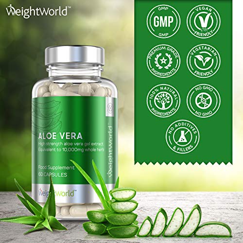 Aloe Vera Puro Concentrado Potente de 10.000mg Para Desintoxicar El Organismo | Suplemento Detox Para Adelgazar, Limpieza Intestinal, Depurativo para el Colon, Con Vitamina A y C, Vegano, 60 Cápsulas