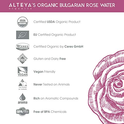 Alteya Organic Agua Floral de Rosa (Rosa Damascena) 120 ml - Spray (Vidrio) - 100% Puro Natural Bio Producto con Certificado USDA