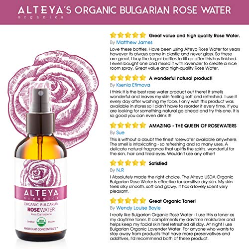 Alteya Organic Agua Floral de Rosa (Rosa Damascena) 120 ml - Spray (Vidrio) - 100% Puro Natural Bio Producto con Certificado USDA