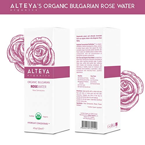 Alteya Organic Agua Floral de Rosa (Rosa Damascena) 120 ml - Spray (Vidrio) - 100% Puro Natural Bio Producto con Certificado USDA