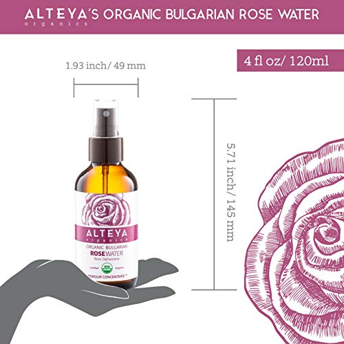 Alteya Organic Agua Floral de Rosa (Rosa Damascena) 120 ml - Spray (Vidrio) - 100% Puro Natural Bio Producto con Certificado USDA