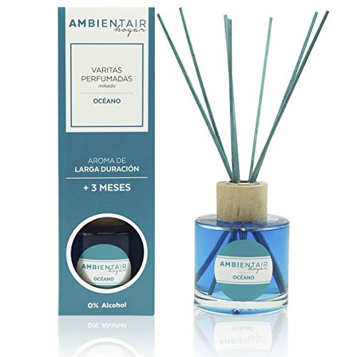 Ambientair Hogar. Difusor de varillas perfumadas. Ambientador Mikado Océano. Difusor 100 ml con palitos de ratán. Ambientador sin alcohol para casa.