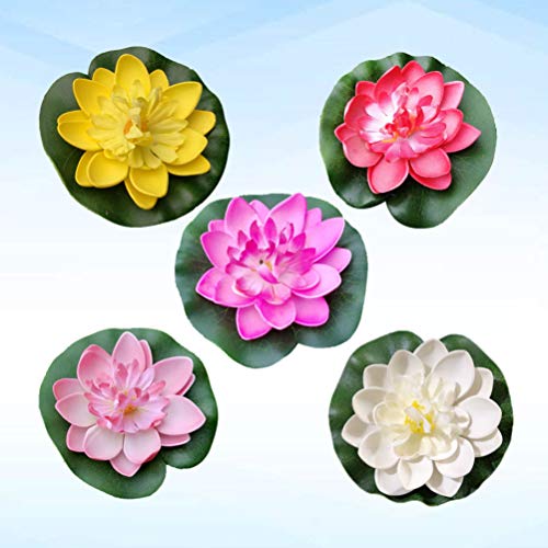 Amosfun flores de loto flotantes artificiales acuario de piscina de lirios y decoración de bodas 10 piezas (blanco + rojo + amarillo + rosa + rosa claro) 10 cm