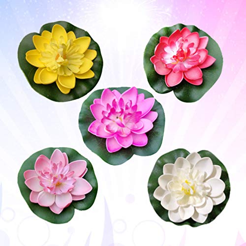 Amosfun flores de loto flotantes artificiales acuario de piscina de lirios y decoración de bodas 10 piezas (blanco + rojo + amarillo + rosa + rosa claro) 10 cm