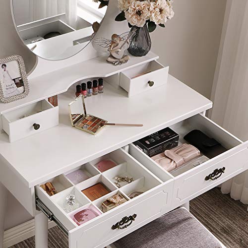 ANWBROAD Tocador Mesa de Maquillaje Belleza Tocador con taburete y espejo de niñas Espejo sin Marco Taburete de Madera de Goma, con 4 cajones, 3 divisores para Dormitorio Vestidor Blanco BDT02W