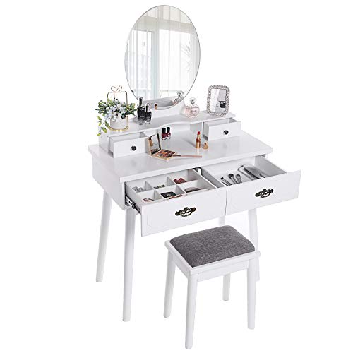 ANWBROAD Tocador Mesa de Maquillaje Belleza Tocador con taburete y espejo de niñas Espejo sin Marco Taburete de Madera de Goma, con 4 cajones, 3 divisores para Dormitorio Vestidor Blanco BDT02W