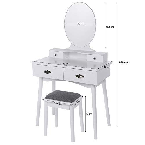 ANWBROAD Tocador Mesa de Maquillaje Belleza Tocador con taburete y espejo de niñas Espejo sin Marco Taburete de Madera de Goma, con 4 cajones, 3 divisores para Dormitorio Vestidor Blanco BDT02W