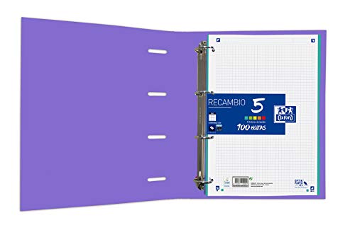 Archivador 4 anillas con recambio y goma Oxford, Tapa Extradura A4+ con Recambio 100 Hojas, Cuadrícula 5x5, Color Malva