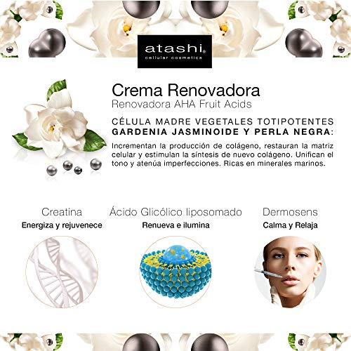 Atashi Antiedad - Crema Renovadora AHA Fruit Acids | Repara y Renueva ADN Celular | Efecto Anti-Estrés y Calmante | Con Ácido Glicólico y Vitamina E | Apto Para Pieles Sensibles y Secas - 50ml