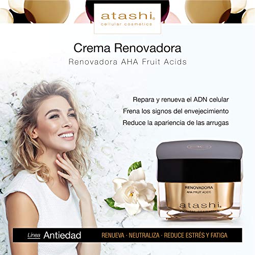 Atashi Antiedad - Crema Renovadora AHA Fruit Acids | Repara y Renueva ADN Celular | Efecto Anti-Estrés y Calmante | Con Ácido Glicólico y Vitamina E | Apto Para Pieles Sensibles y Secas - 50ml