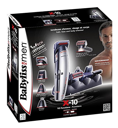 BaByliss E837E Cortapelos para cara, cabello y cuerpo, con cuchillas profesionales W-tech y 10 accesorios, color negro y gris